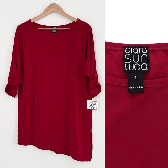 Ciara Sun Woo Tops - Ciara Sun Woo Women's Size Small Red 3/4 Sleeves Asymmetric Hem Tunic Top NWT